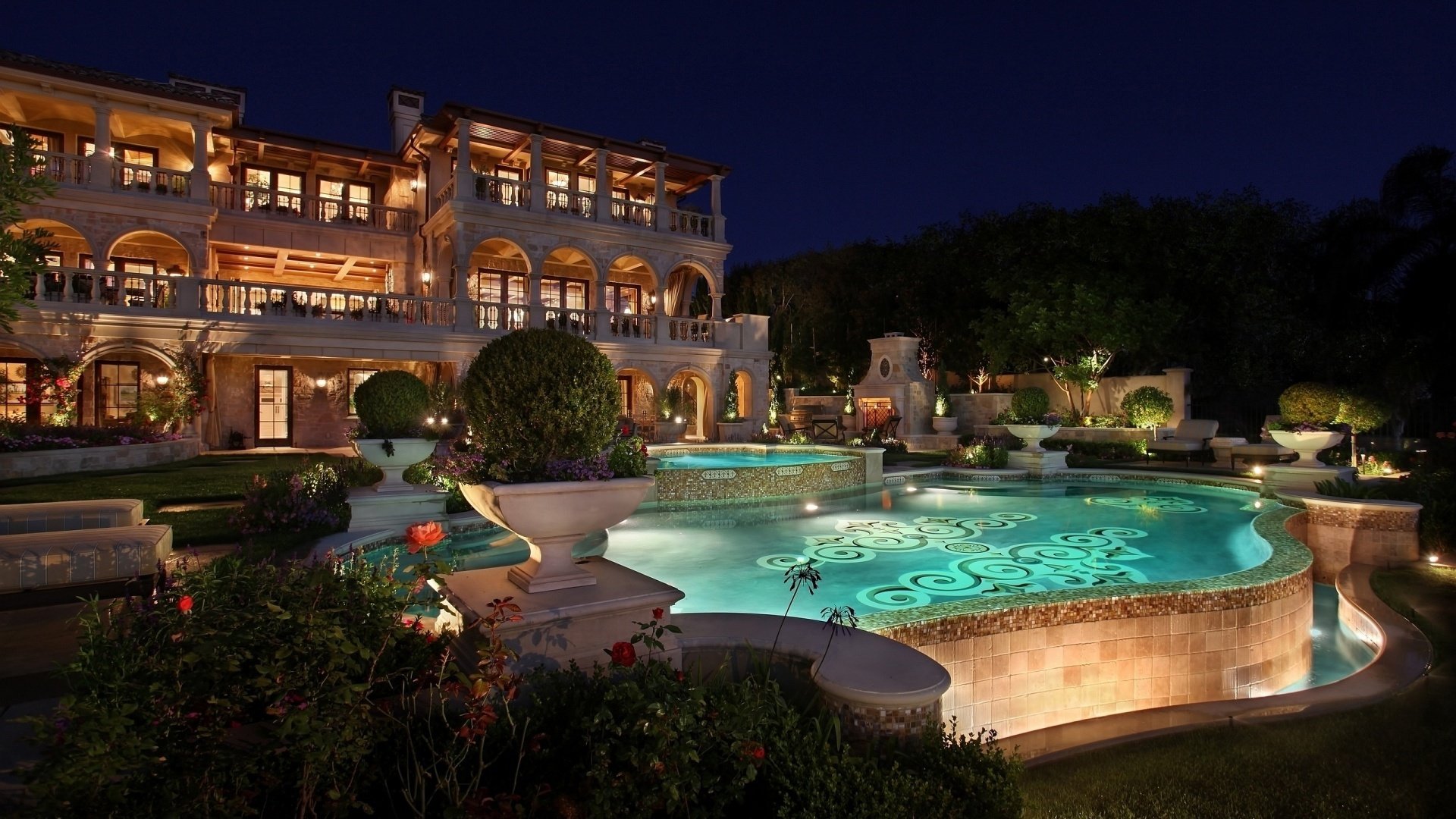 intérieur piscine maison architecture nuit jacuzzi buissons fleurs arbres