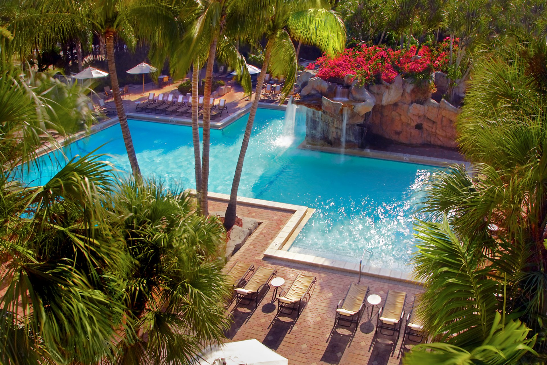 pool waterfall stones palm flower beds