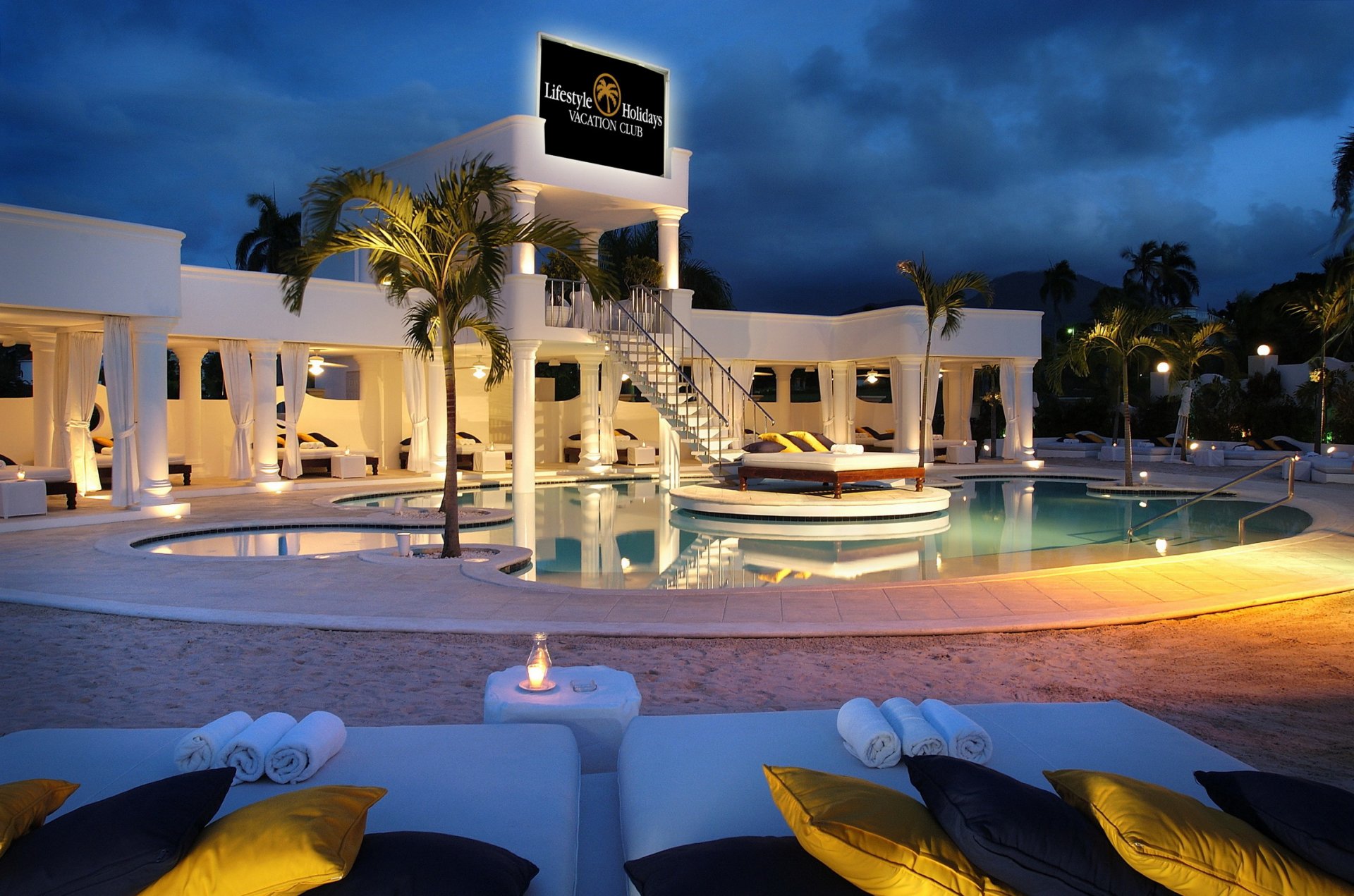 resort club dominican republic building column pools swimming pool beds pillow architecture night palm