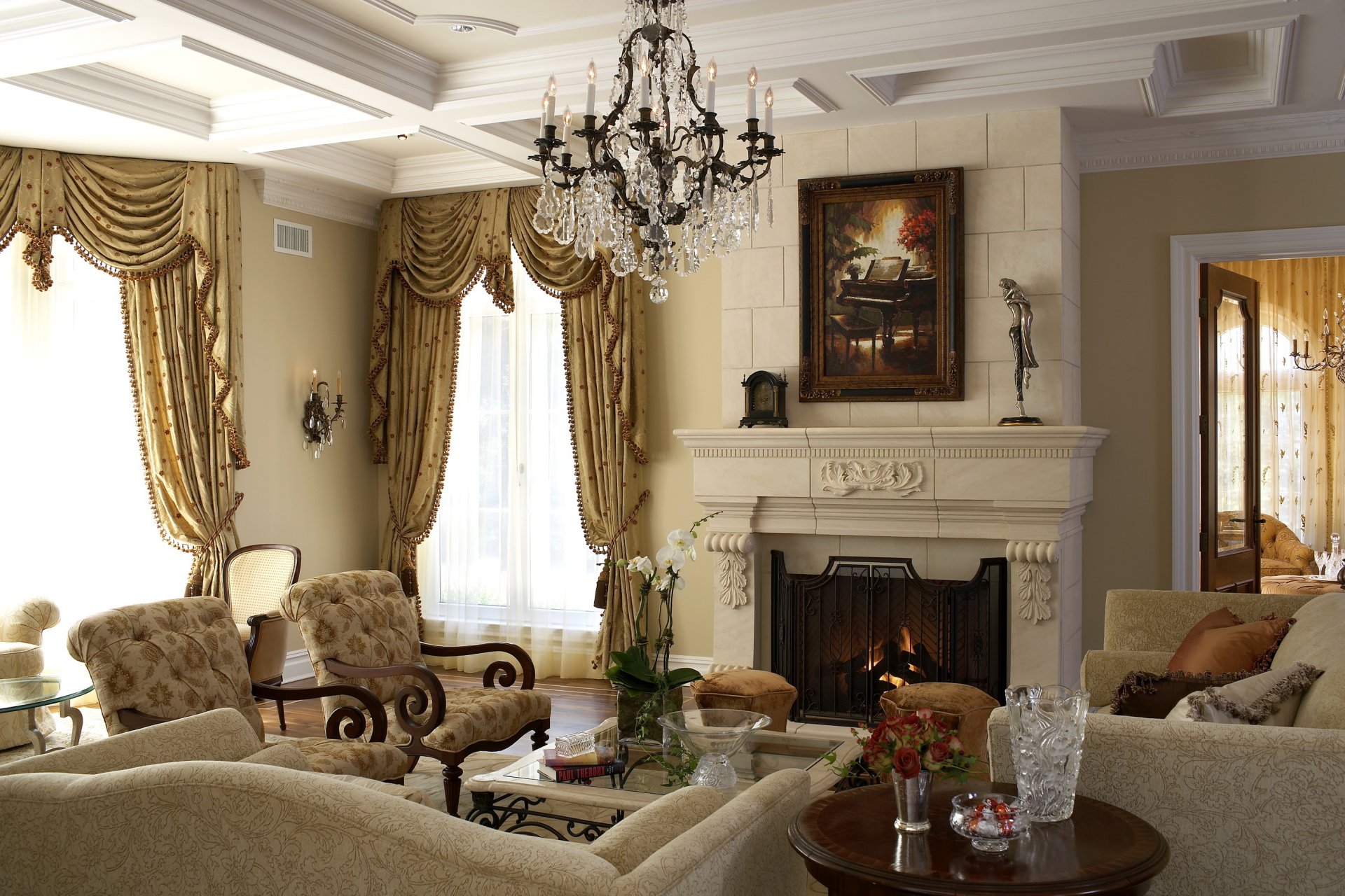 interior design style room fireplace fire armchairs chandelier painting flowers orchids flower roses bouquet orchid