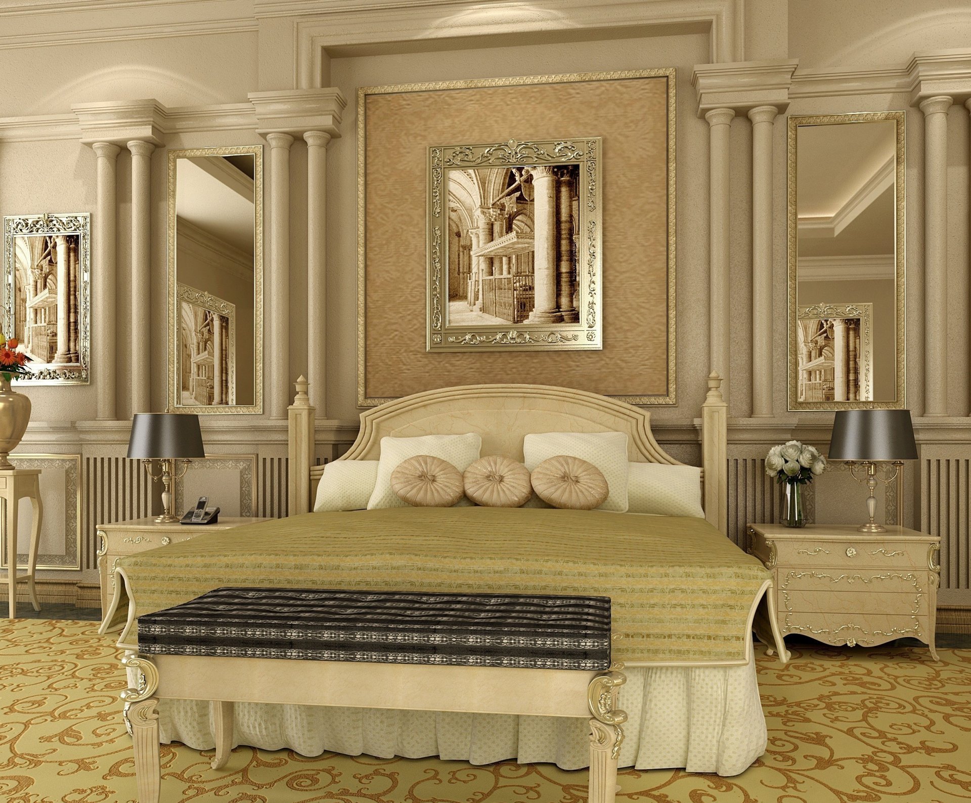 interior diseño habitación cama beige almohadas pintura pintura espejos reflexión flores