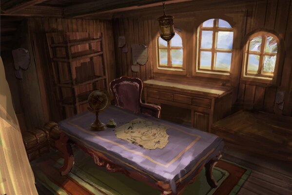 Рисунок каюта с картой и глобусом на столе