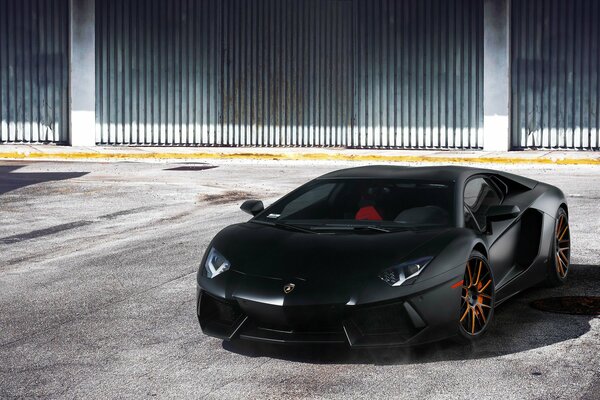 Black Lamborghini standing in the port