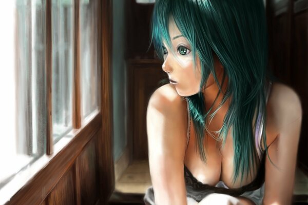 Hermosa chica de anime con el pelo verde
