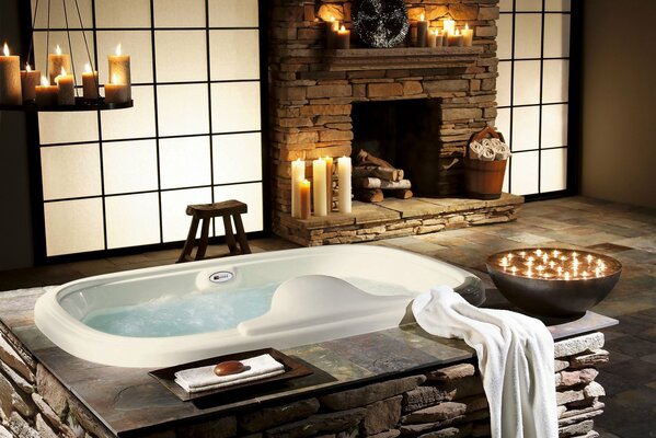 Elite design of a stylish bathroom with a fireplace