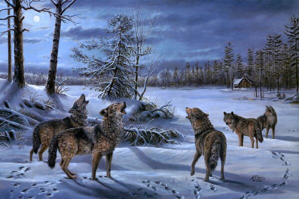 Lobos aullando a la Luna por la noche en el bosque de invierno