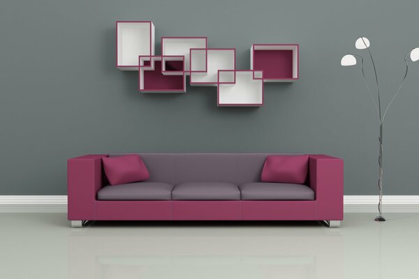 Sofa and shelves on a gray background