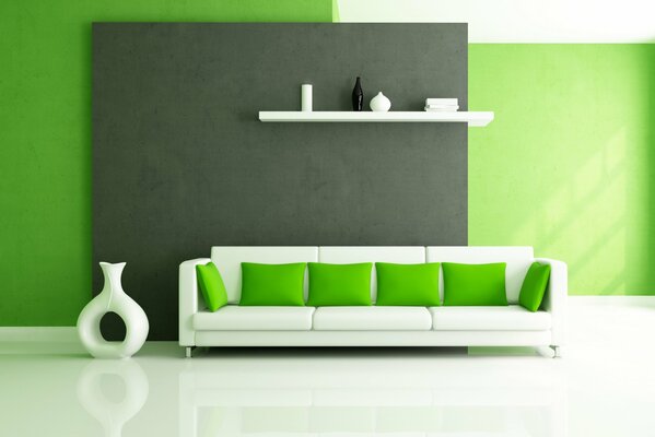 White sofa with green cushions