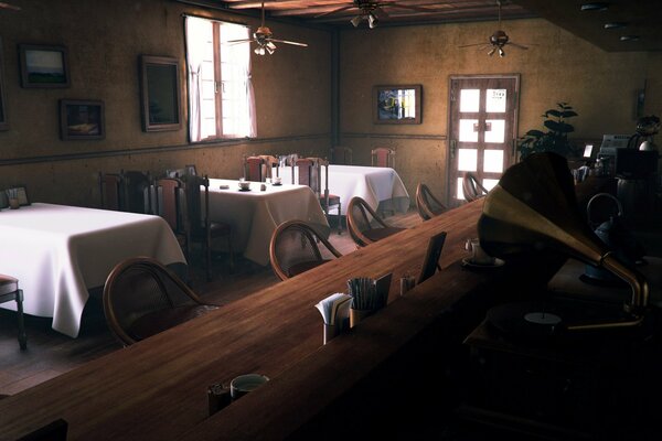 Bar counter with tables and chairs