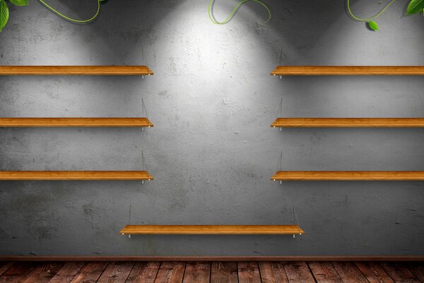 Wooden shelves on the stone wall