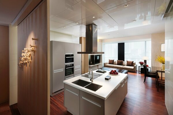 Modern design of the kitchen combined with the living room