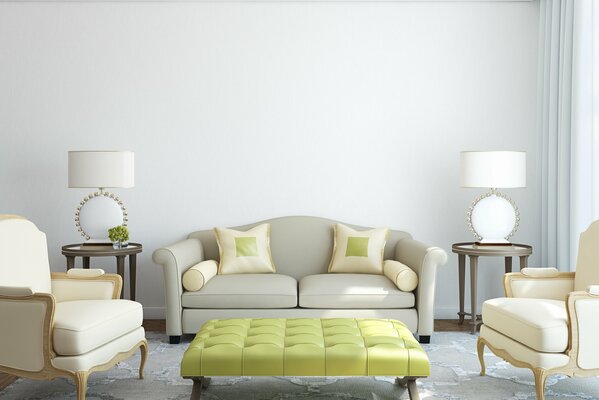 Design of a room with a light green table and cushions on the sofa, surrounded by armchairs and lamps