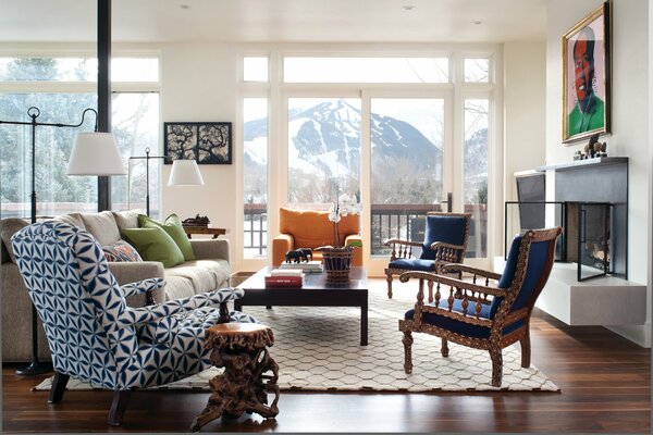 Interior room with a view of the mountains from the window