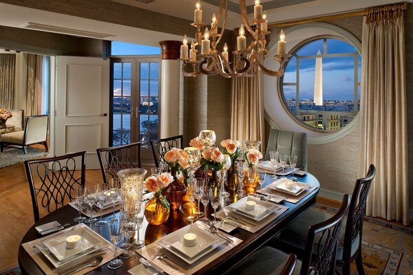 Dining room with a beautiful setting and a view from the window