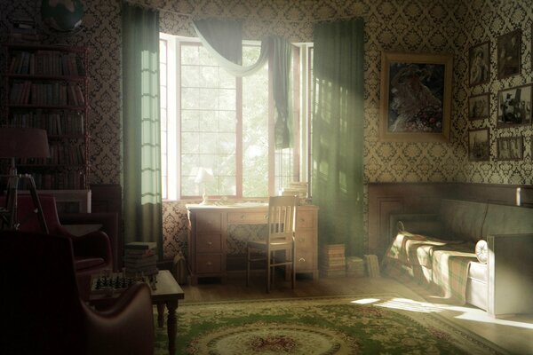 Фото интерьера старинной комнаты и солнечные лучи