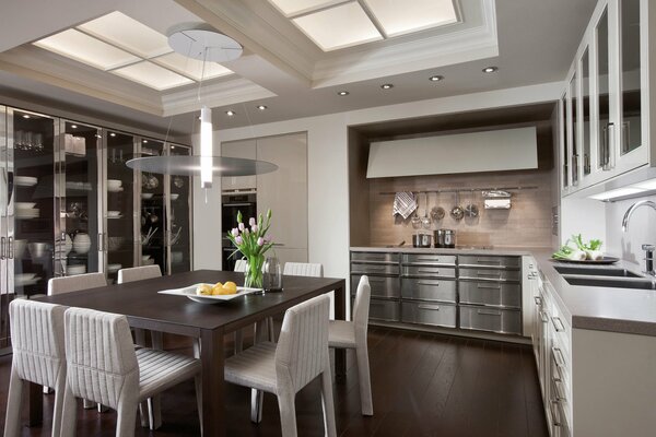 Modern kitchen design in white and brown tones