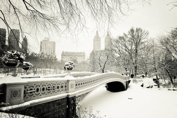 Manhattan Central Park Bridge zimą