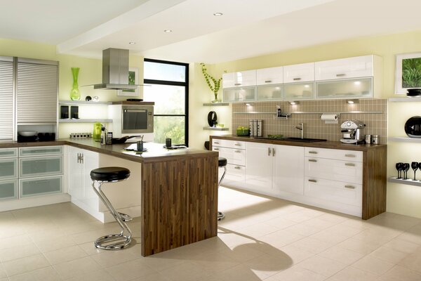 White kitchen design, in the villa