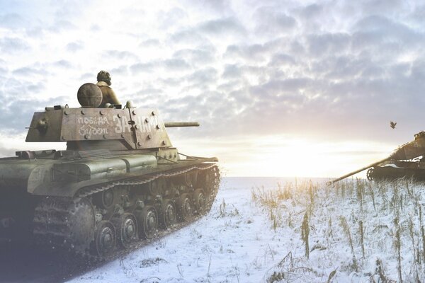 Un tanque con la inscripción la victoria será nuestra en el campo de invierno