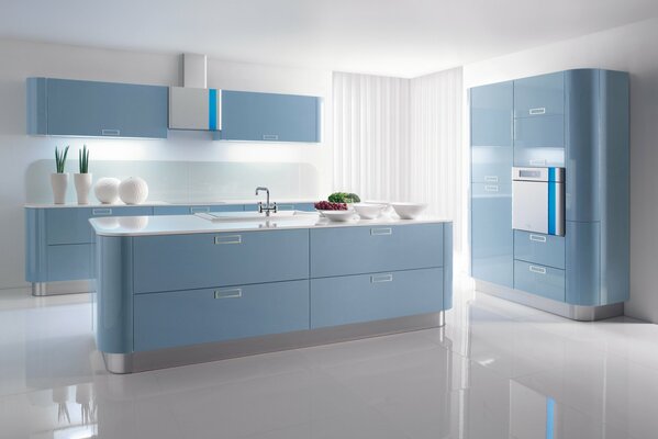 The interior of the kitchen room in white and blue tones