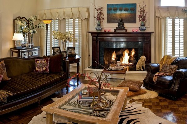 Living room with fireplace. Living room interior