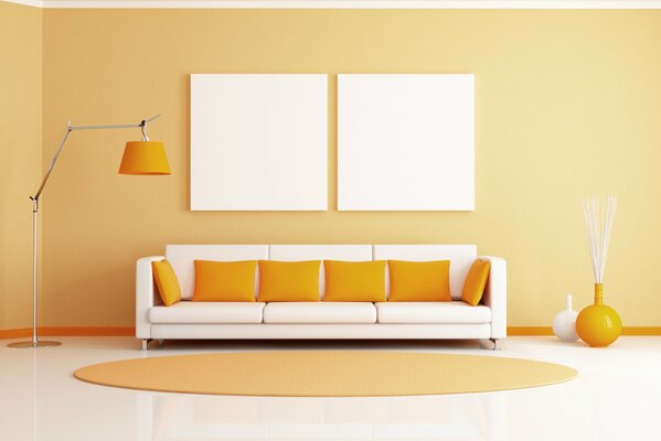 The combination of peach and orange shades in the interior of the room