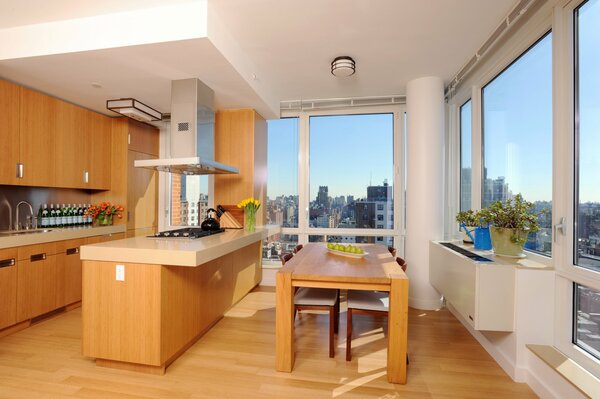 Kitchen with large panoramic windows