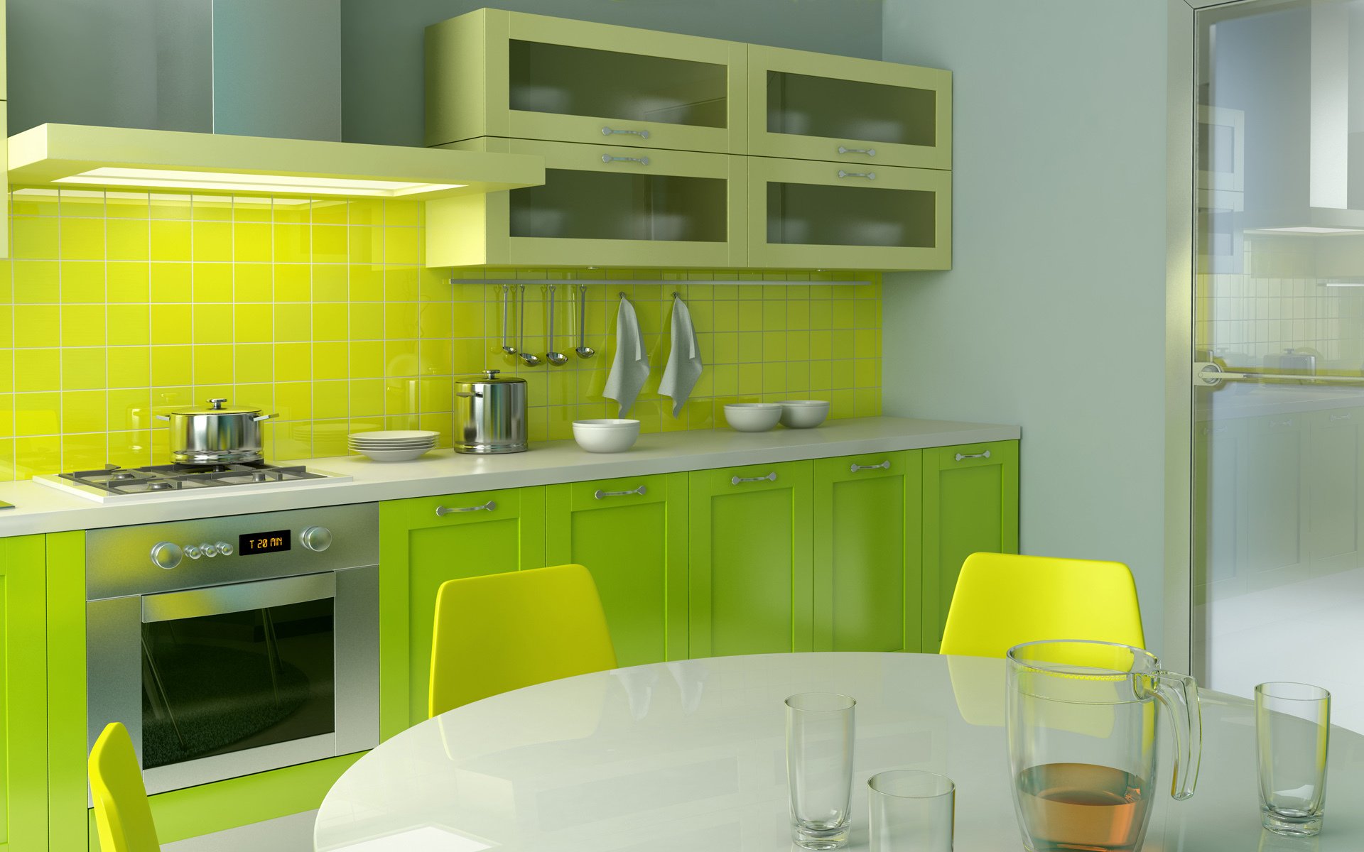 interior room apartment design style kitchen green yellow bright chairs table