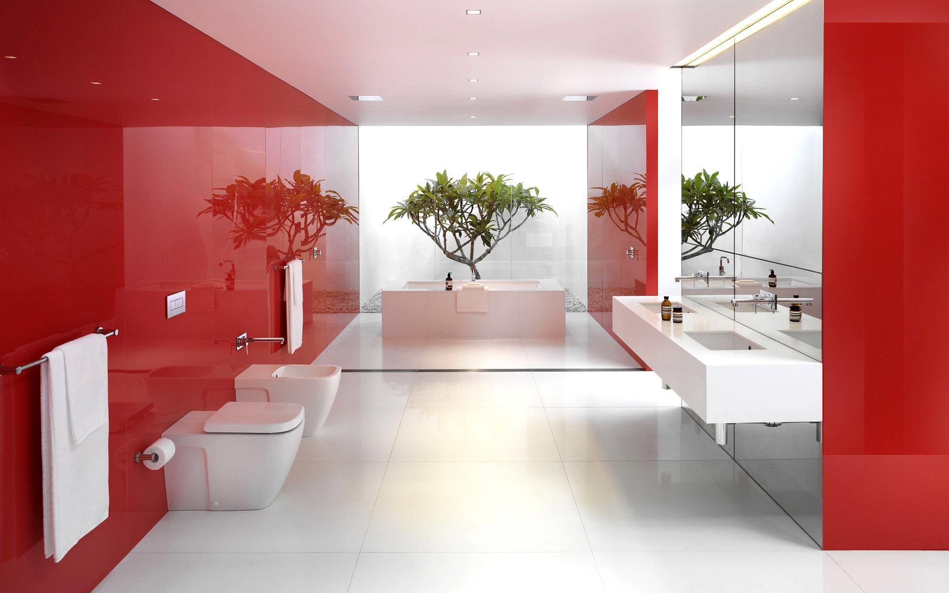 bagno rosso bianco specchi riflessione pianta