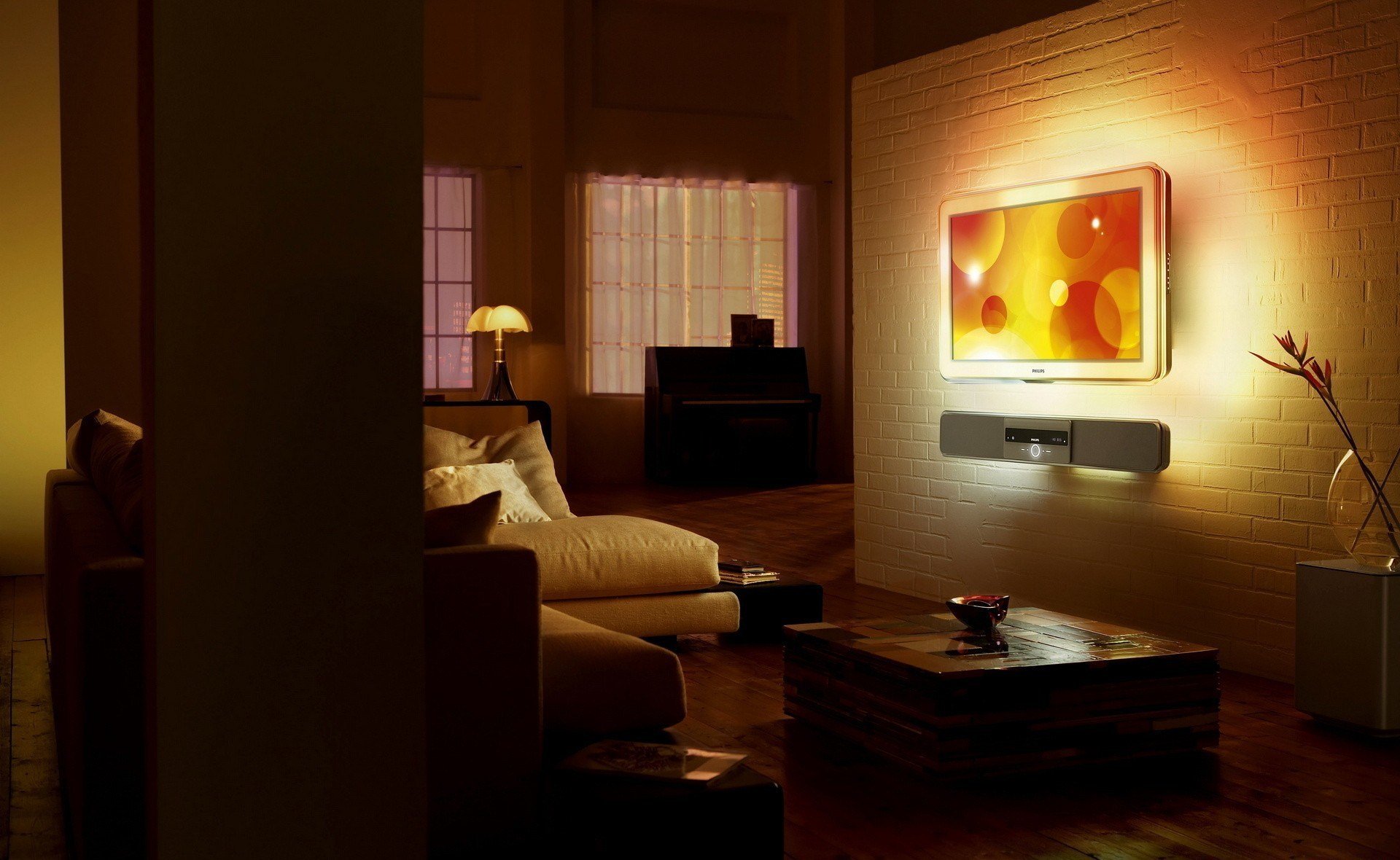 intérieur design style chambre canapé lit tv lampe sombre