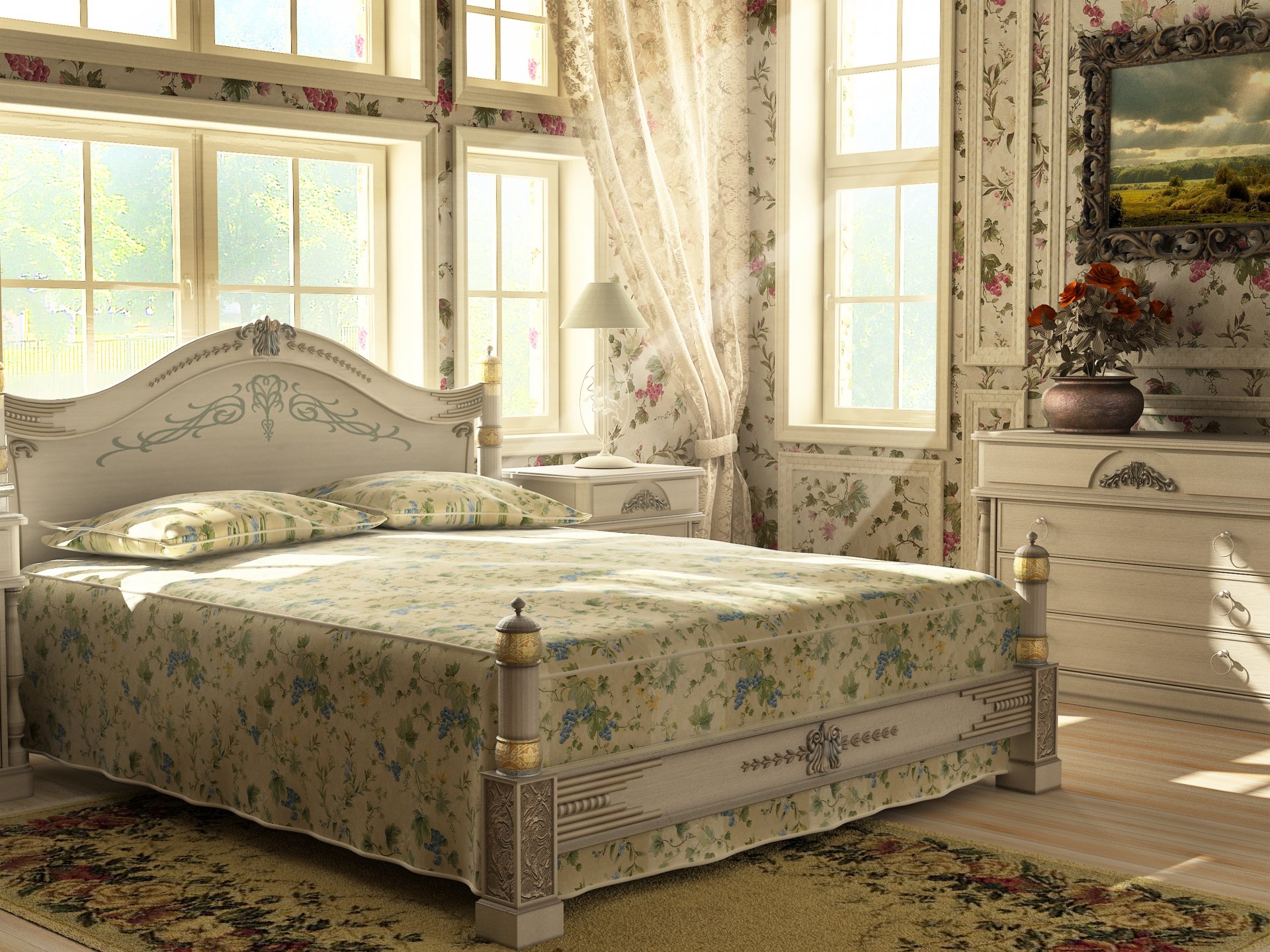 cama almohadas ventana lámpara mesita de noche cortinas florero flores pintura