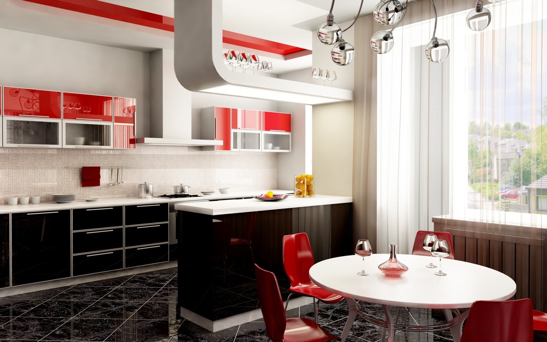 cucina finestra tavolo sedie bicchieri lampadario design stile rosso