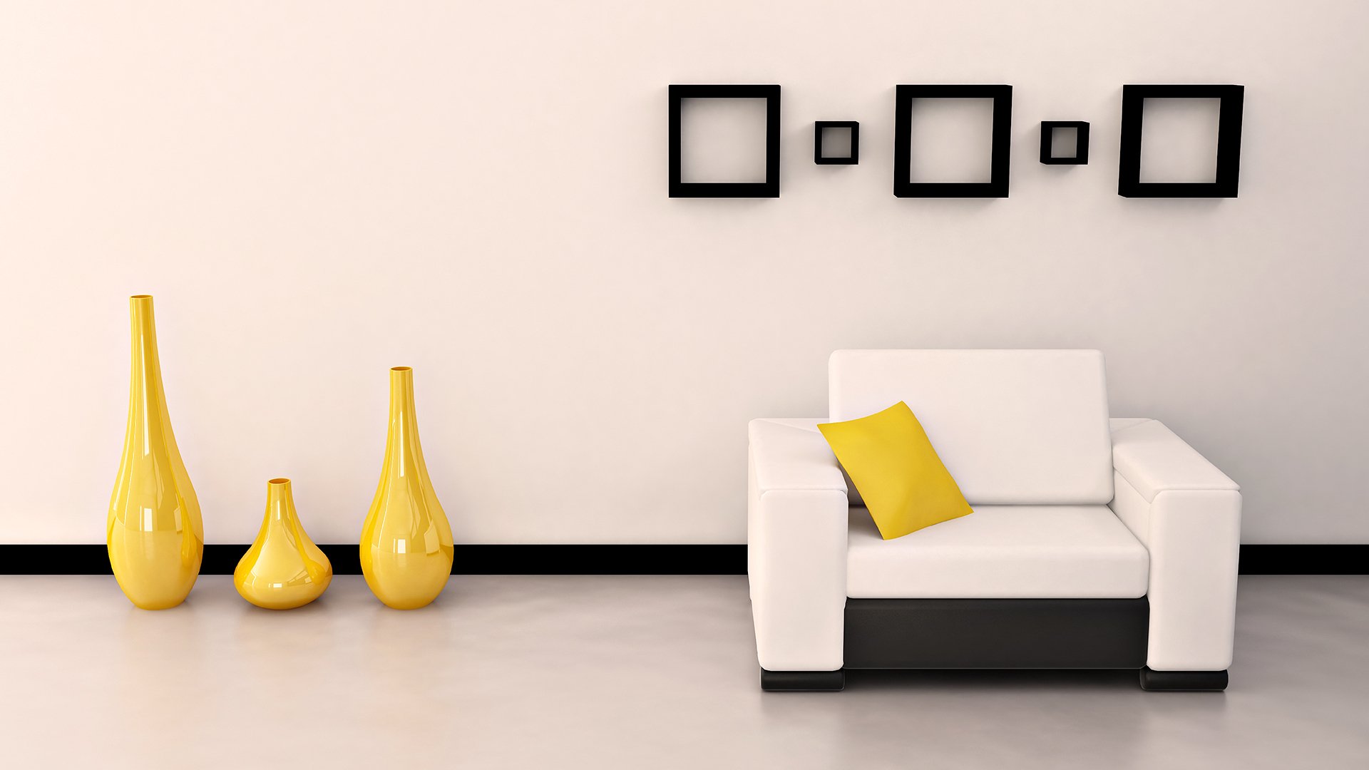 interno camera appartamento design stile luminoso giallo divano cuscino vasi forma bianco nero cornici