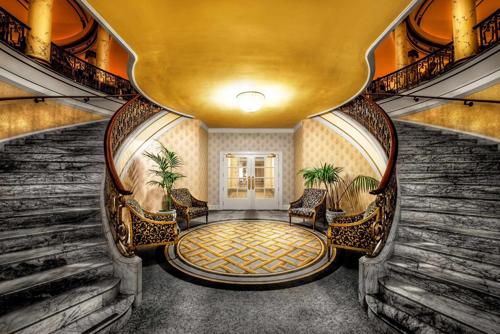 interior hall stairs marble armchairs carpet vazonki doors column lighting