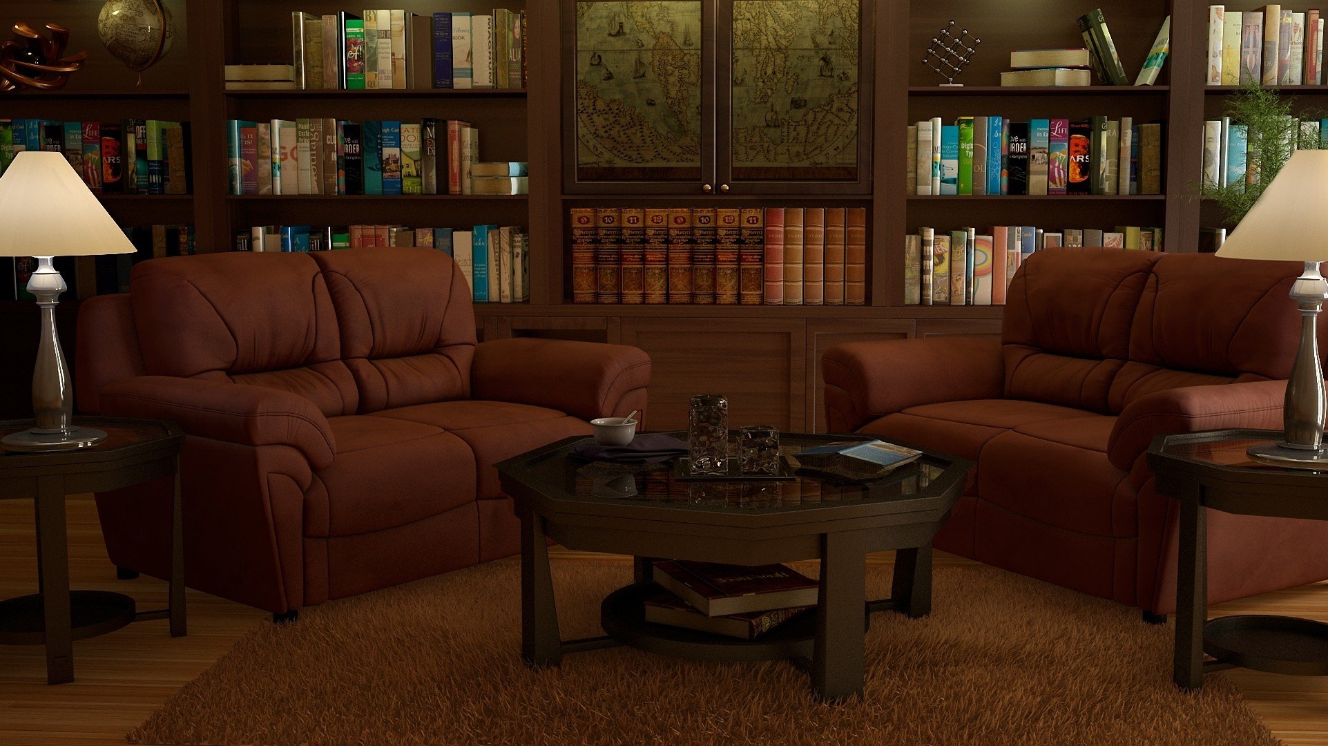 art rendering room interior library cabinet books shelf wardrobe card sofas bulbs carpet globe