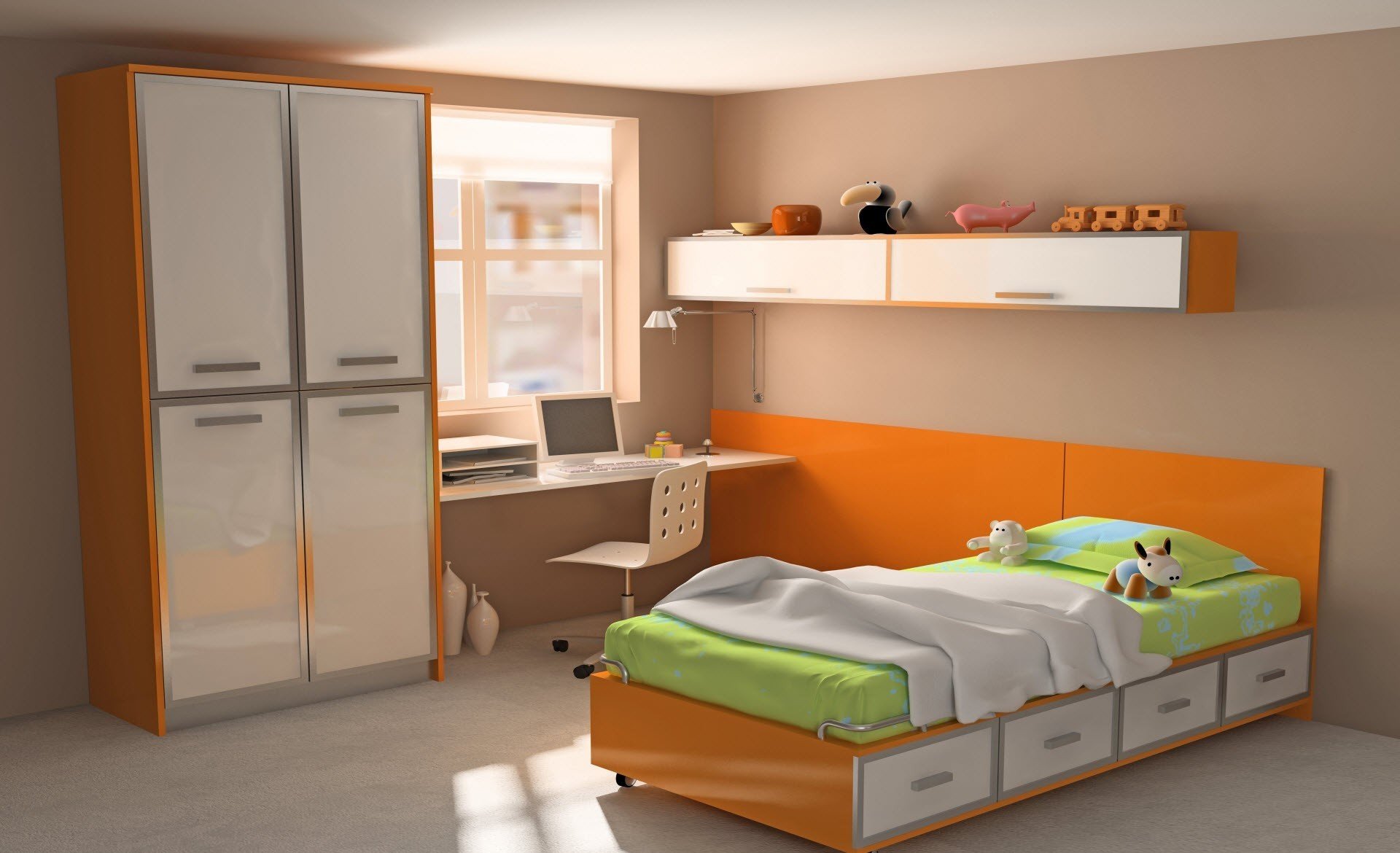 innenraum zimmer wohnung stil design hell bunt bett schrank schreibtisch computer spielzeug orange