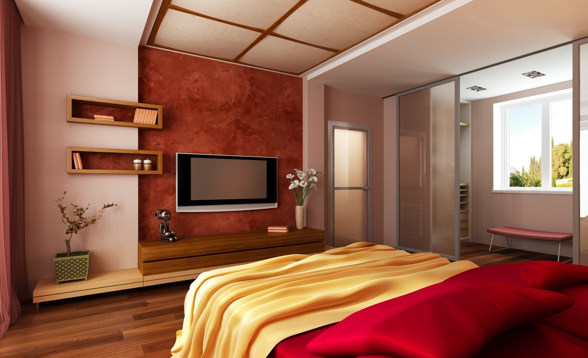 interieur zimmer wohnung bett. rot blumen fernseher