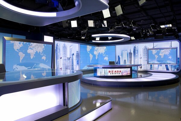 The interior of the TV studio on central television in a stylish color