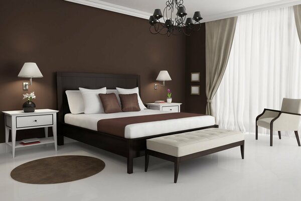 Schlafzimmer Innenarchitektur. Mit weißen Lampen und einem braunen Bett und einer Matte