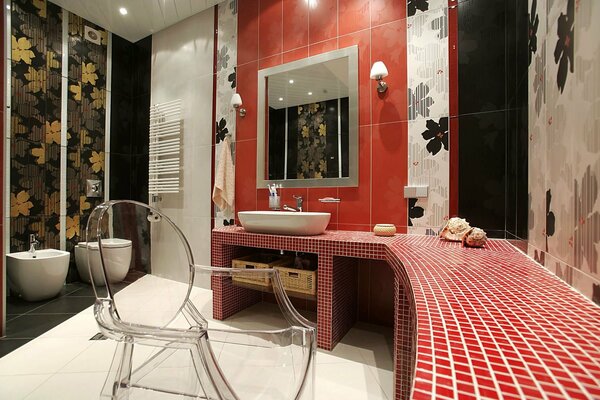 Spacious bathroom with red tiles