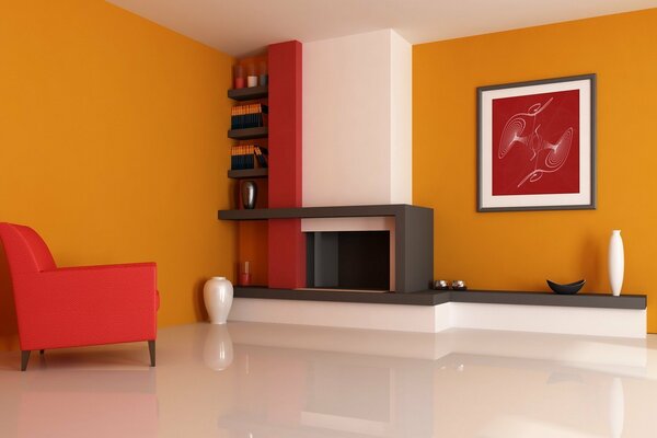 Bright design of a room with a fireplace