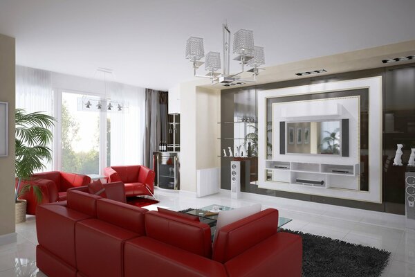 Helles, gemütliches Zimmer mit rotem Sofa