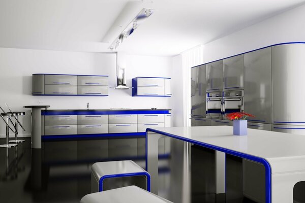 Moderno estudio de cocina en blanco y azul