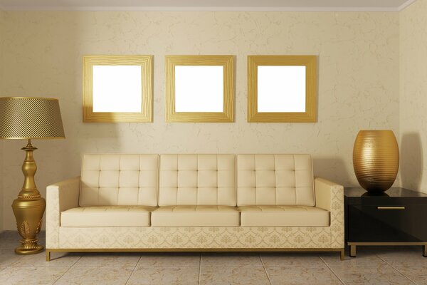 Дизайн комнаты с рамками в золотых тонах