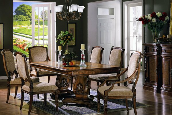 Table and chairs in the interior of the room