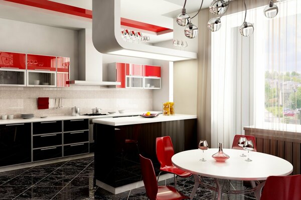 Salle à manger et cuisine décor en rouge avec blanc