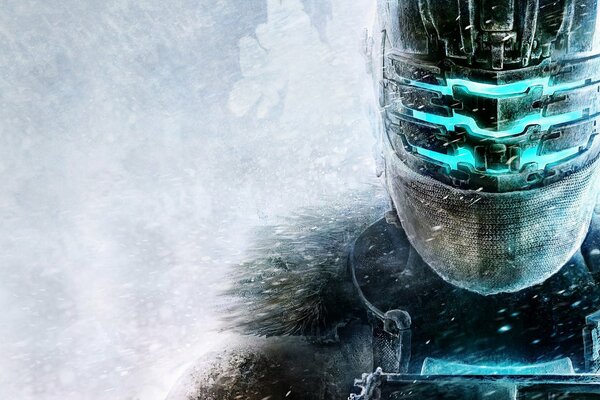 Isaac Clark sous un casque dans la neige du jeu dead space 3