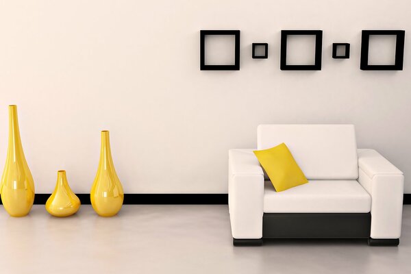Weißes Sofa mit gelbem Kissen und gelben Vasen