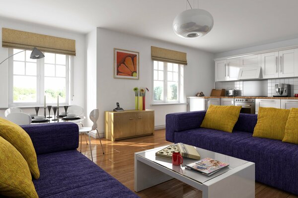 Modern design of the living room combined with the kitchen