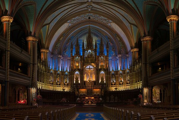 The building of a beautiful cathedral with benches